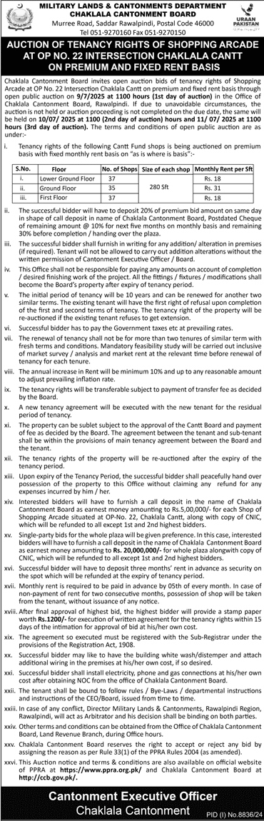 Military Land & Cantonment Department Chaklala Tender Notice